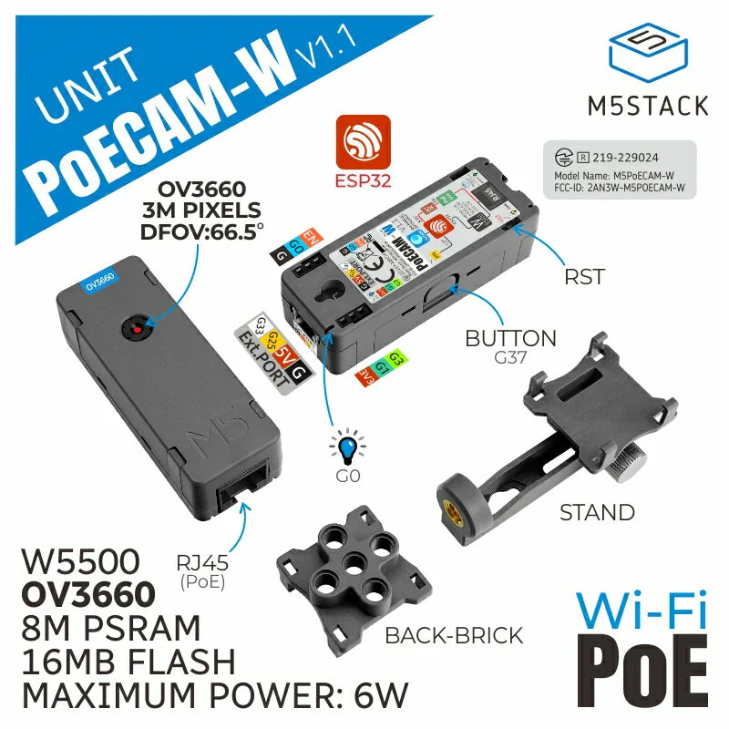 M5Stack PoE CAM-W V1.1 ESP32 camera node front view