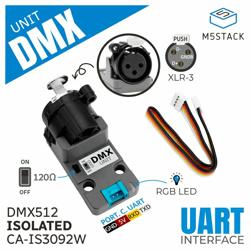 M5Stack DMX Unit CA-IS3092W isolated transceiver front view