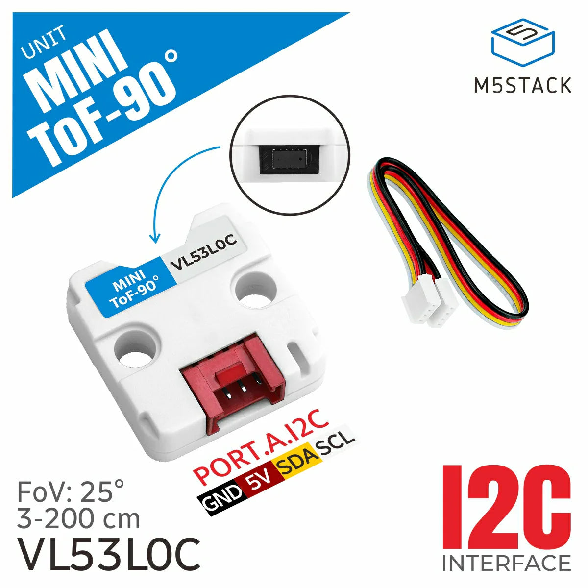M5Stack Mini ToF-90 sensor with 90-degree forward orientation