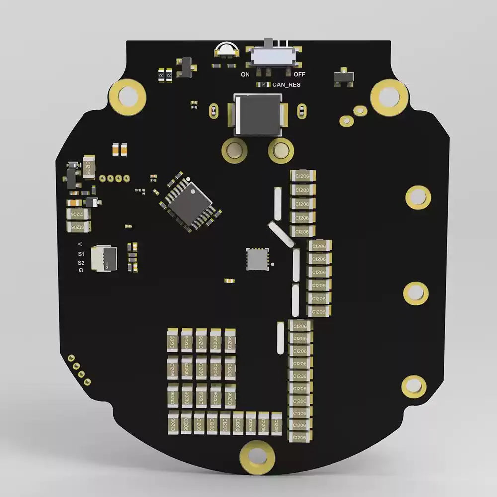DM100-1E brushless DC motor driver rear PCB view with CAN termination switch and electronic components