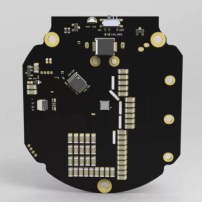 DM100-1E brushless DC motor driver rear PCB view with CAN termination switch and electronic components