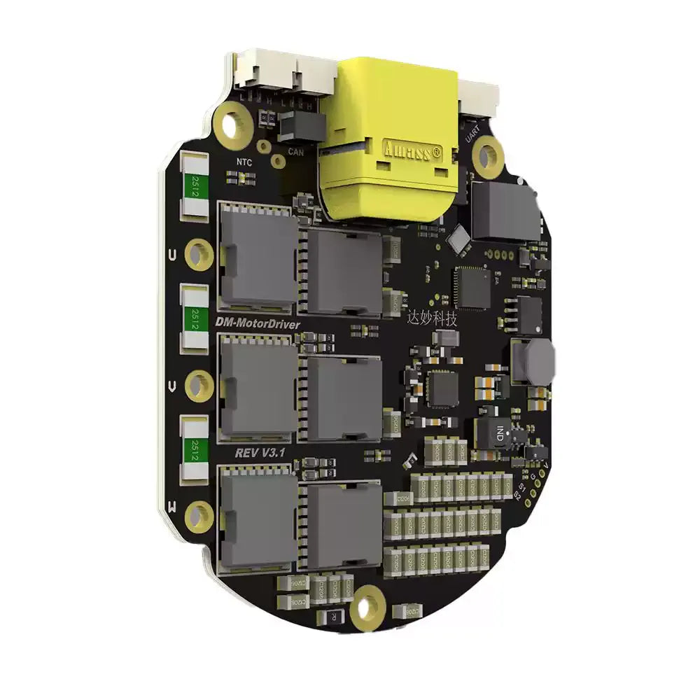 DM100-1E brushless DC motor driver angled front view showing the yellow power connector and PCB components