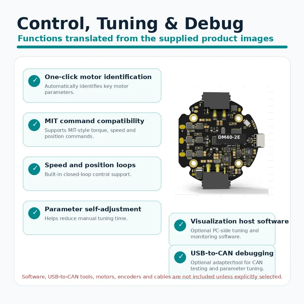 DM40-2E motor driver control and debugging functions including motor identification, MIT control, speed and position loops and USB to CAN tuning