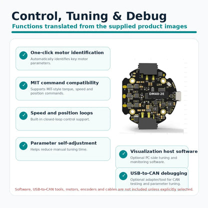 DM40-2E motor driver control and debugging functions including motor identification, MIT control, speed and position loops and USB to CAN tuning