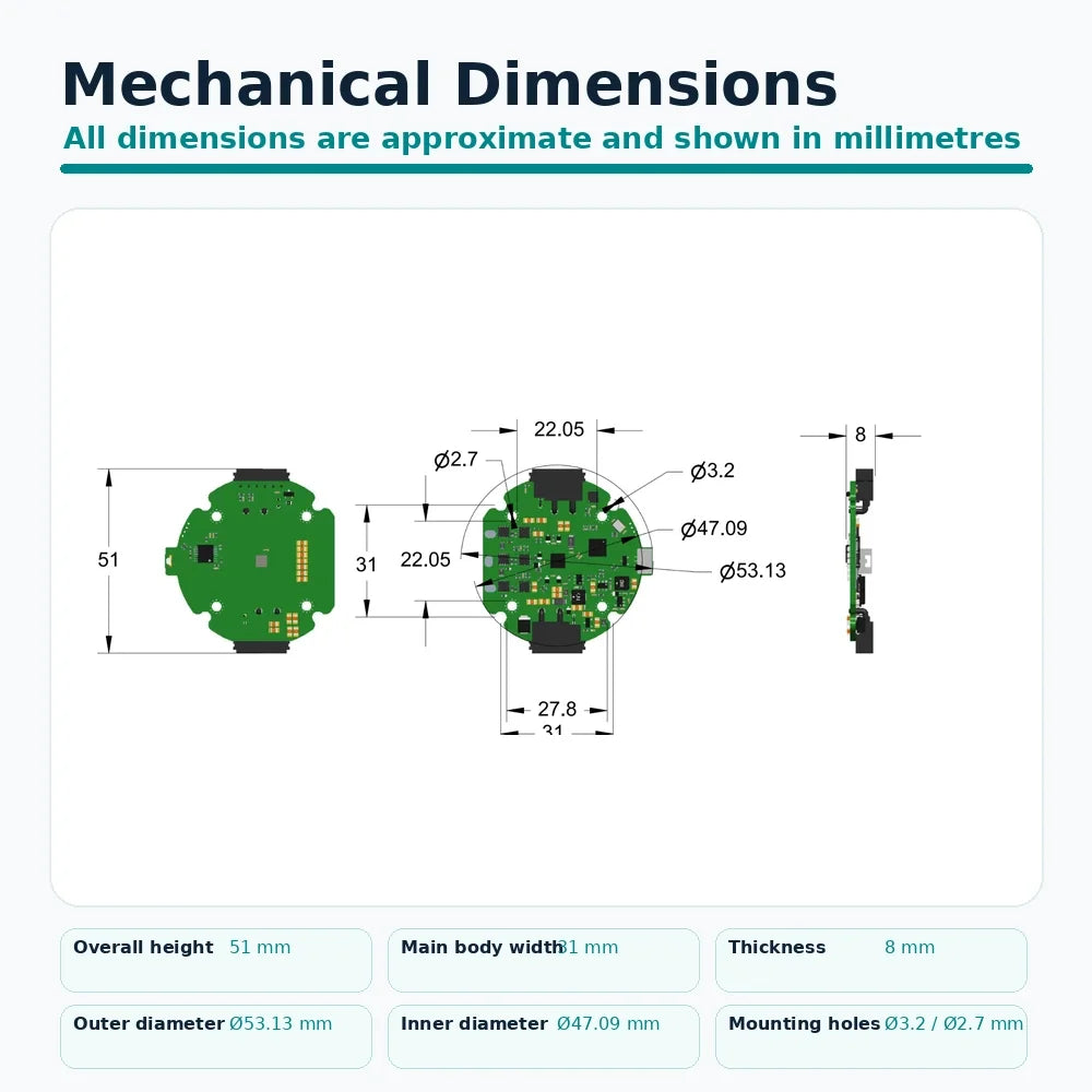 DM40-2E brushless motor driver mechanical dimensions including 51 mm height, 53.13 mm outer diameter and 8 mm thickness