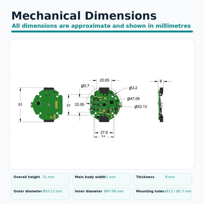 DM40-2E brushless motor driver mechanical dimensions including 51 mm height, 53.13 mm outer diameter and 8 mm thickness
