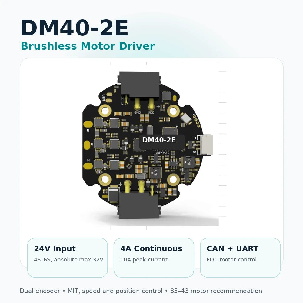 DM40-2E brushless motor driver product overview with 24V input and 4A continuous current