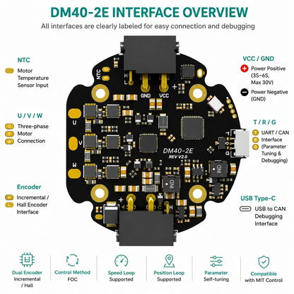 DM40-2E interface overview for VCC GND U V W NTC H L encoder and T R G CAN UART tuning