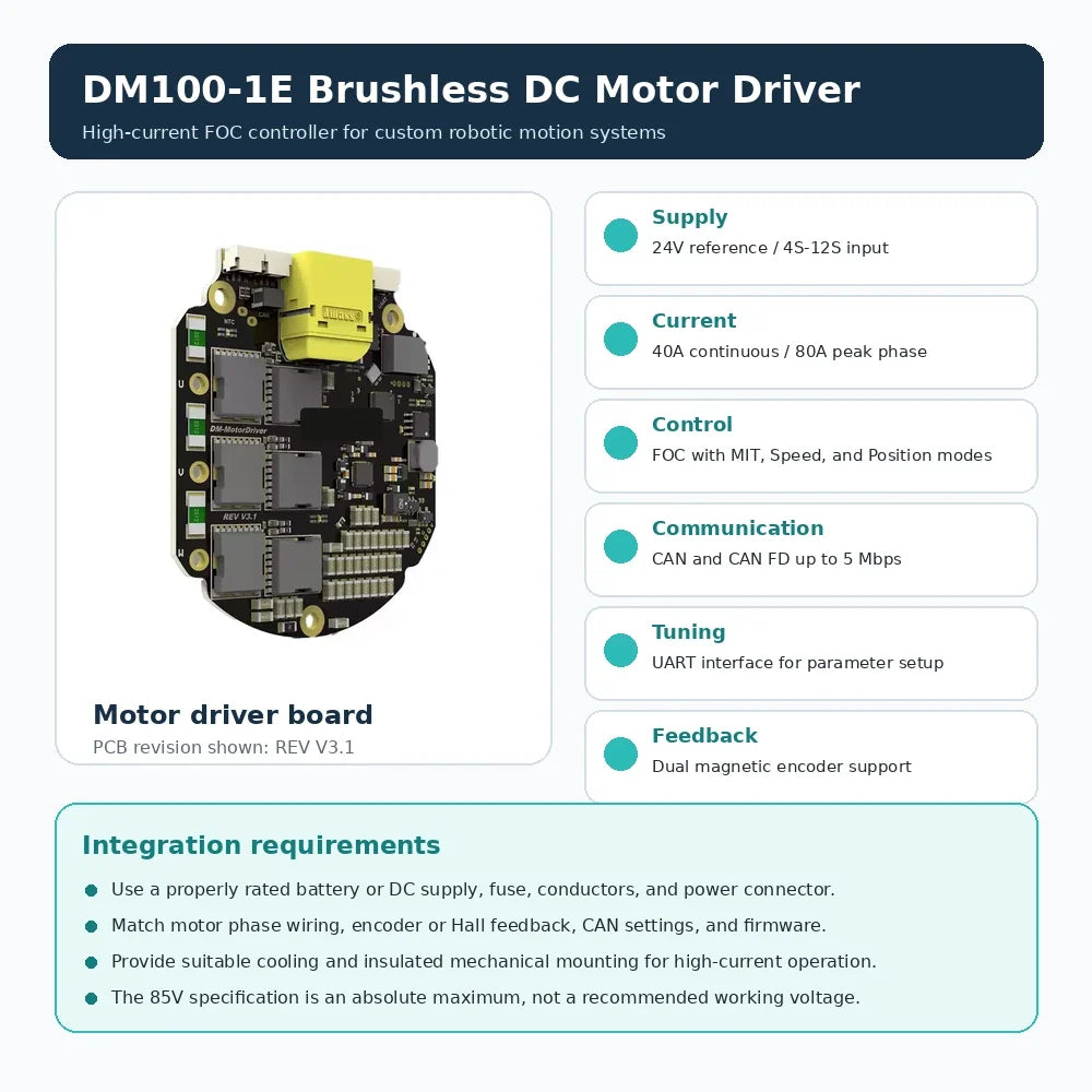 DM100-1E brushless DC motor driver key features including 4S-12S input, CAN FD and 40A continuous current