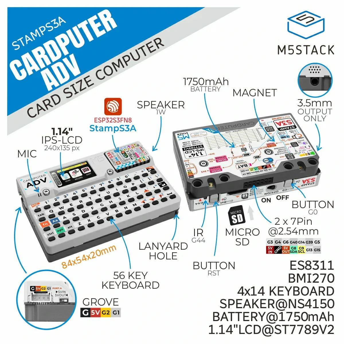 M5Stack Cardputer Adv Version hardware diagram showing ESP32-S3FN8 Stamp-S3A core, 56-key tactile keyboard, 1.14-inch IPS LCD, and internal 1750mAh battery for mini computer development.