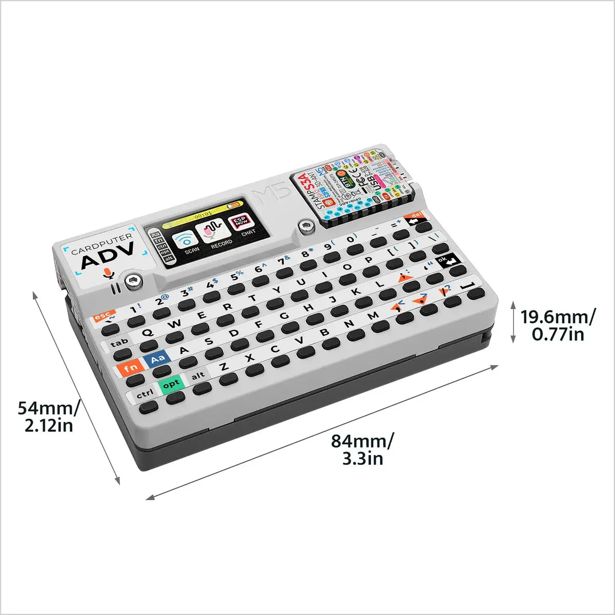 Portable M5Stack Cardputer Adv dimensions illustration: 84mm x 54mm x 19.6mm, pocket-sized ESP32-S3 mini computer with full QWERTY keyboard for IoT prototyping.