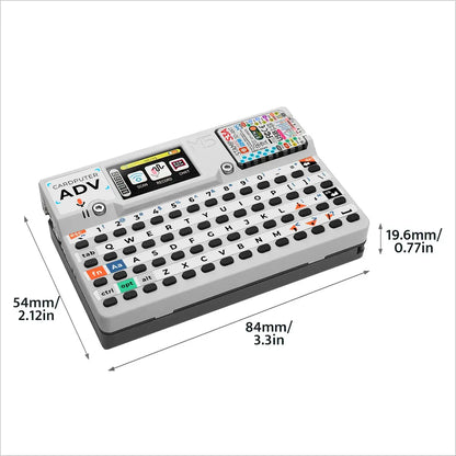 Portable M5Stack Cardputer Adv dimensions illustration: 84mm x 54mm x 19.6mm, pocket-sized ESP32-S3 mini computer with full QWERTY keyboard for IoT prototyping.
