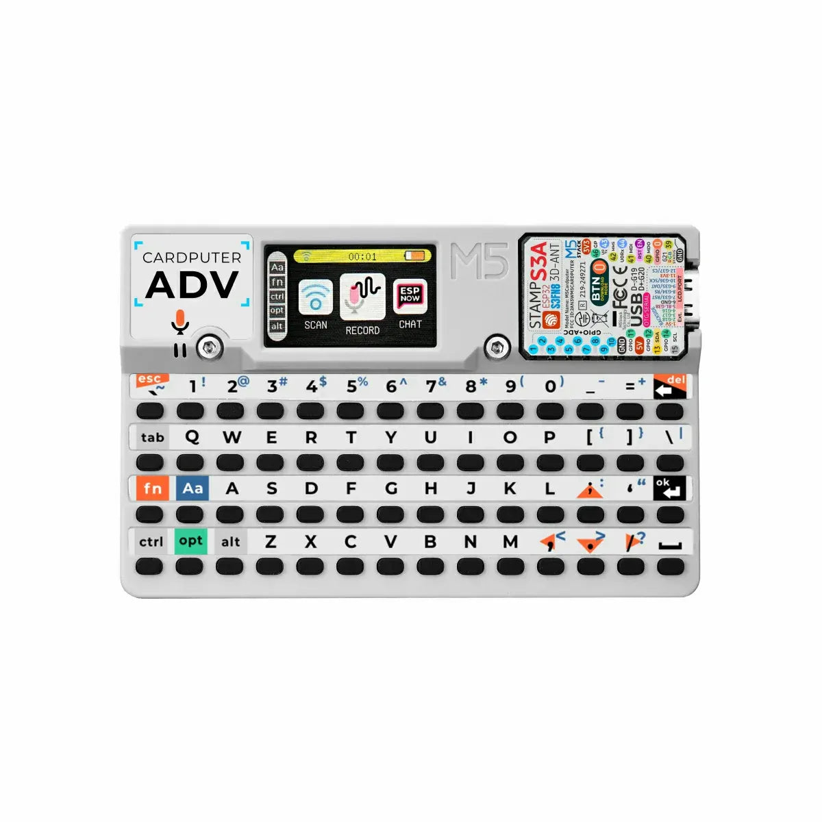 op view of M5Stack Cardputer Adv Version featuring the 56-key tactile keyboard layout, ST7789V2 LCD screen, and Stamp-S3A module interface.