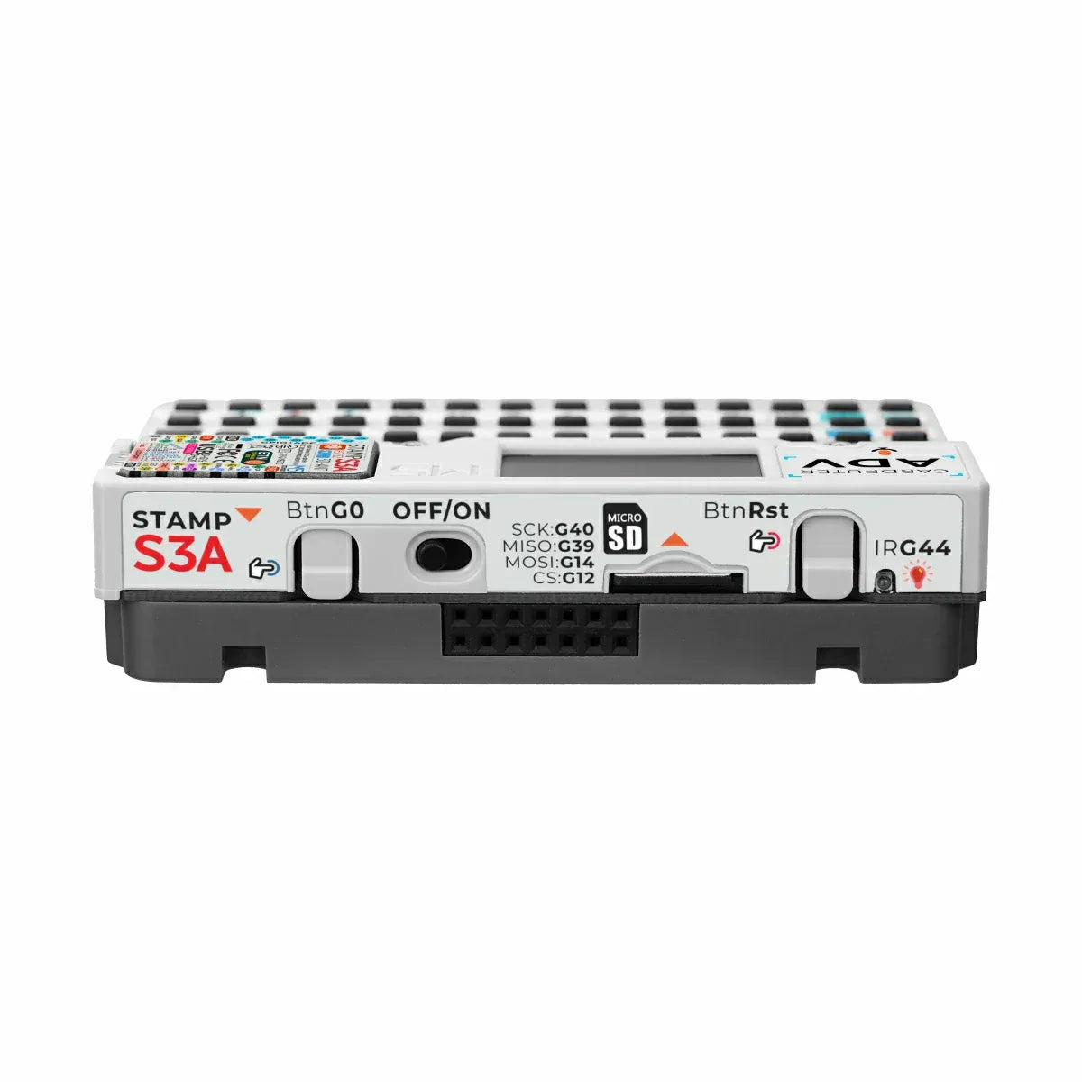 M5Stack Cardputer Adv side view showing microSD card slot, power switch, and infrared (IR) emitter functionality.